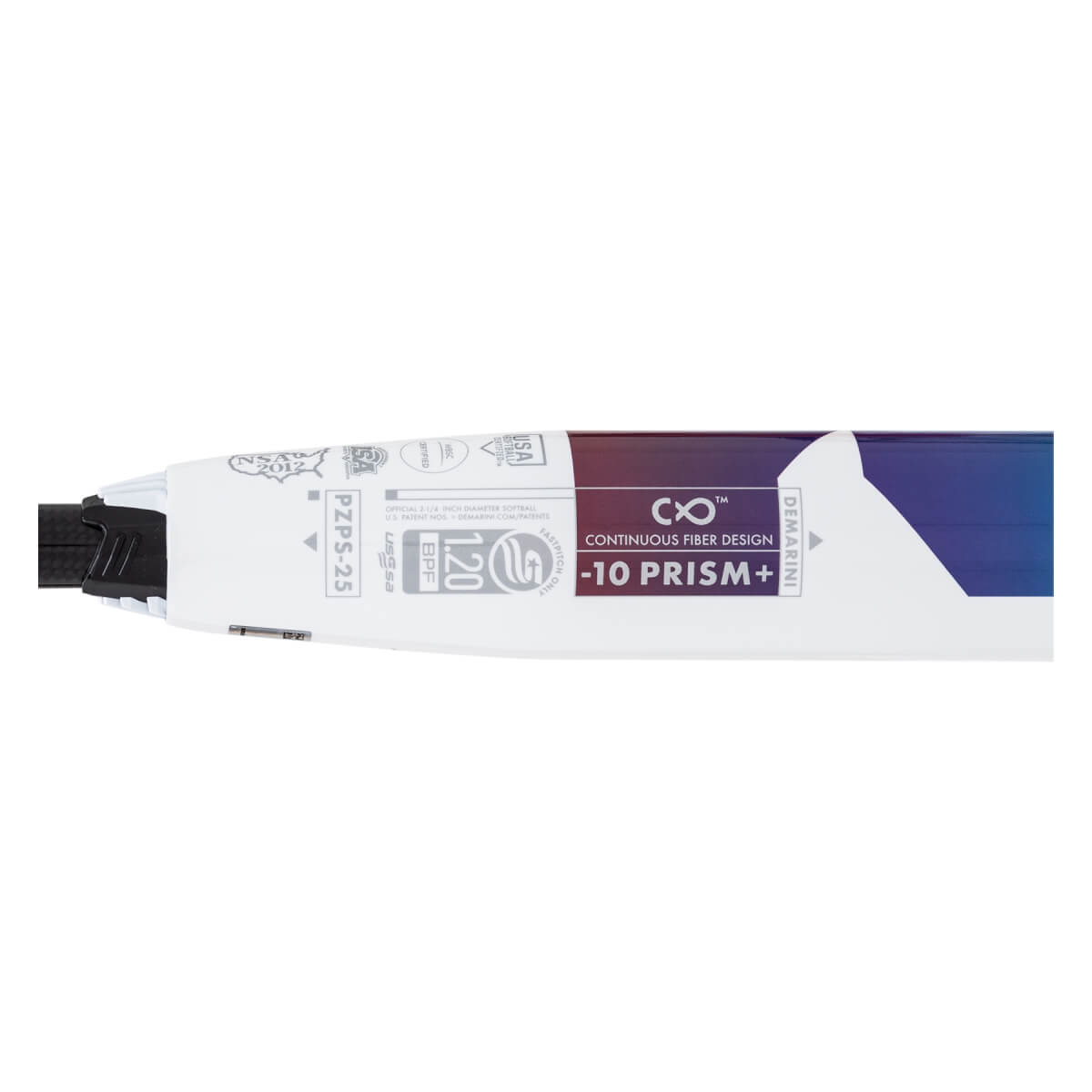 End view of a white and purple fastpitch softball bat with 120 BPF and -10 PRISM+ text.