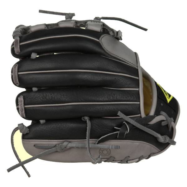 Side view of a black baseball glove with grey lacing and a yellow logo.