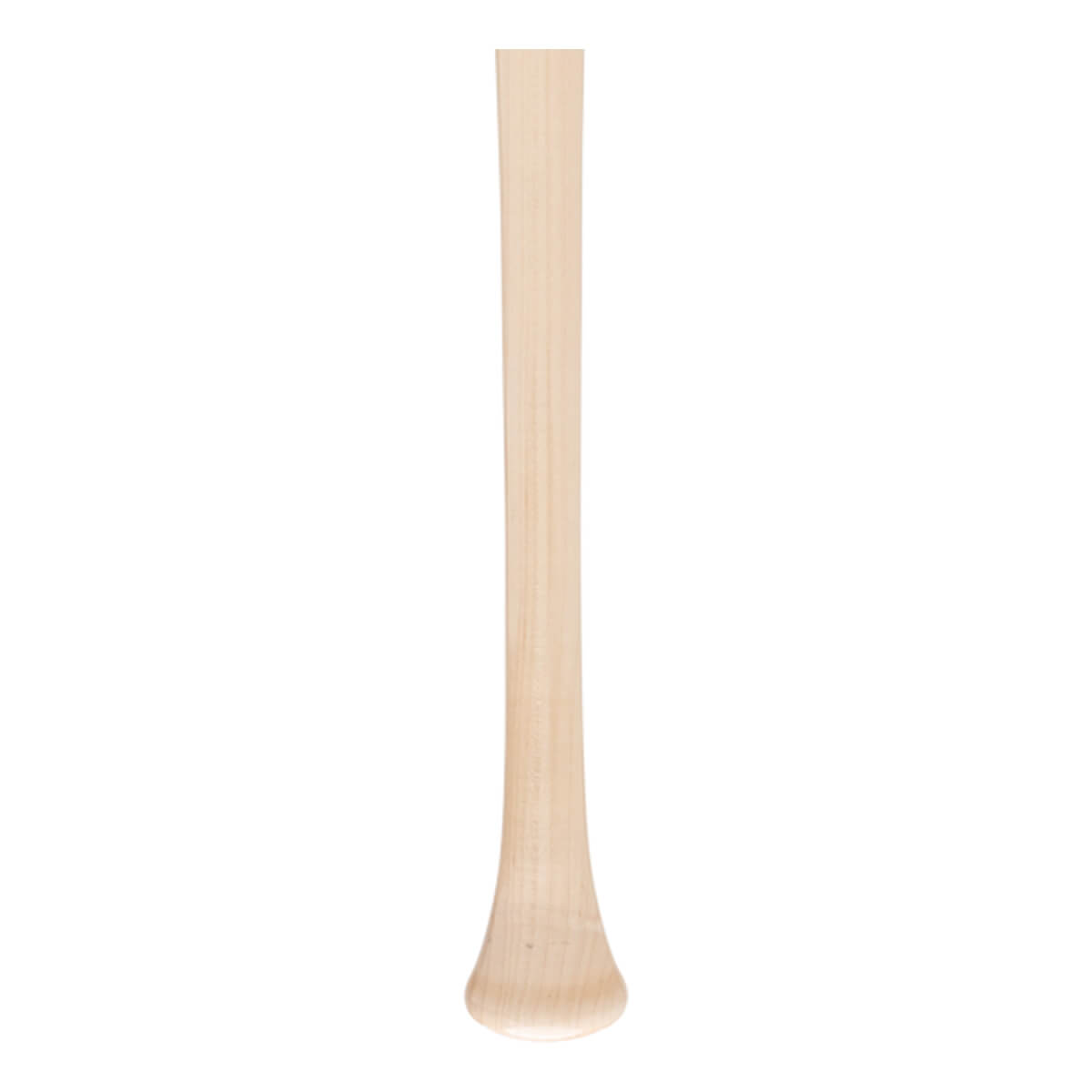 Side view of a natural wood baseball bat with a flared knob.