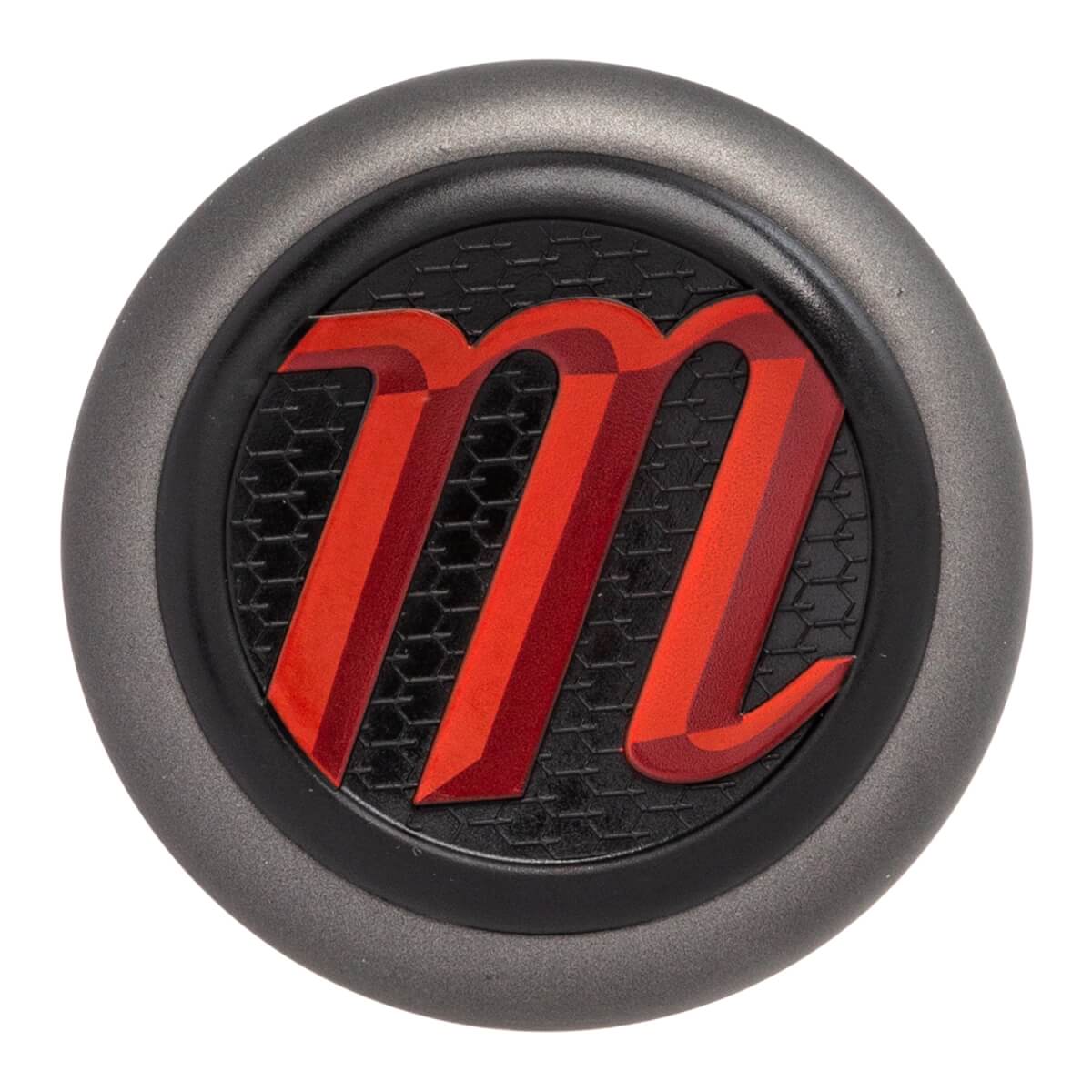 Top-down view of a gray baseball bat end cap with a black textured insert and red m logo.
