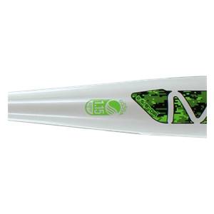 Side view of a white baseball bat with green USSSA 1.15 BPF and 2 5/8 DIA markings.
