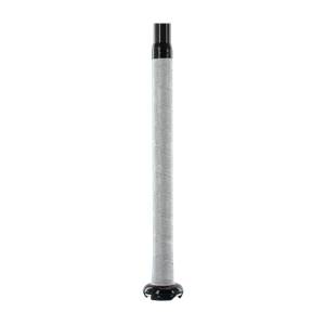Side view of a white fastpitch softball bat with a black end cap and textured grip.