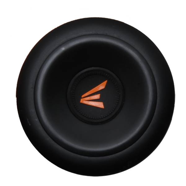 Top-down view of a black baseball bat end cap with an orange Easton logo.