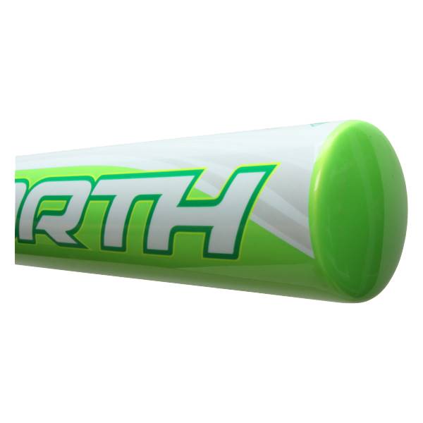 Side view of a white and green softball bat with WORTH logo and green end cap.