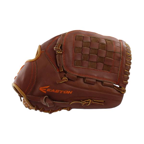Side view of a brown baseball glove with orange stitching and an Easton logo.