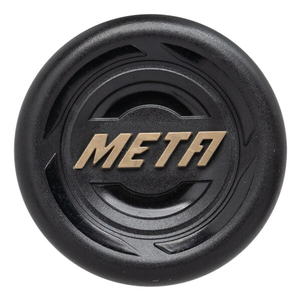 End cap view of a black baseball bat with gold META text and circular design.