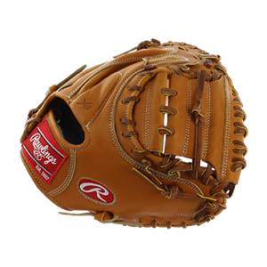 Side view of a tan Rawlings catchers mitt with red and white branding and tan lacing.