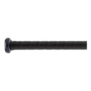 Side view of a black baseball bat with a textured grip and dark blue knob.