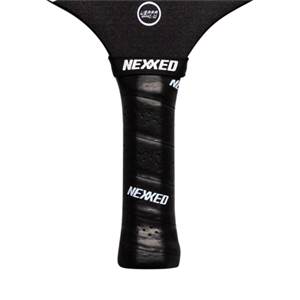 Close-up of a black pickleball paddle grip with perforated texture and white Nexxed branding.