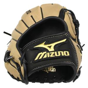 Front view of a tan and black baseball glove with Mizuno logo and skin text.
