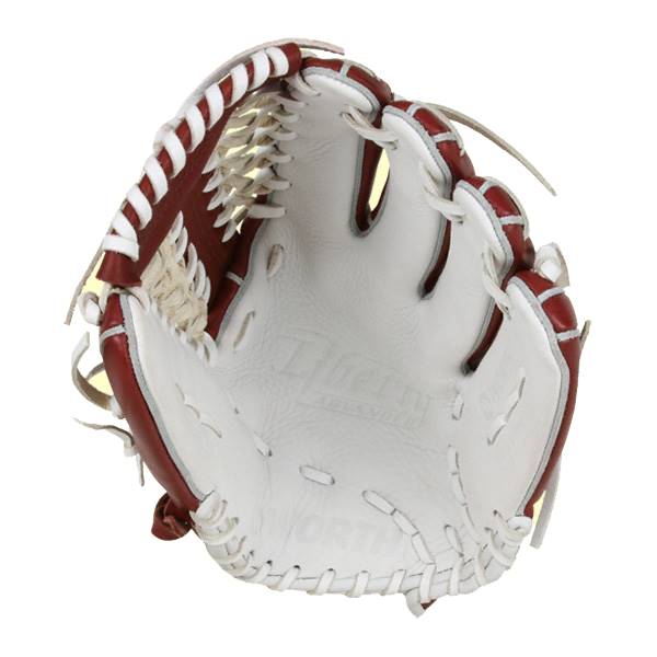 Inside view of a maroon and white baseball glove with Liberty Advanced Series and WORTH visible.