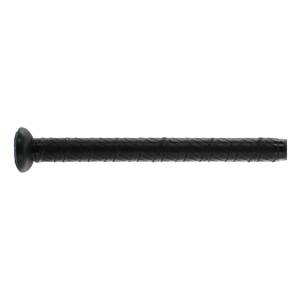 Side view of a black baseball bat with a textured grip and black end cap.