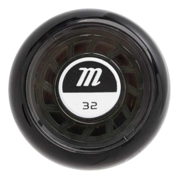 End view of a black baseball bat with a white circular logo featuring an m and the number 32.