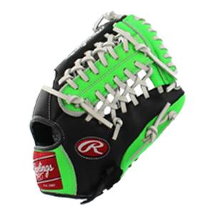 Side view of a black and neon green baseball glove with white lacing and Rawlings branding.