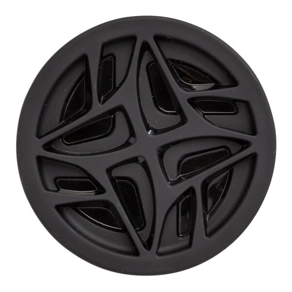 Top-down view of a black baseball bat end cap with a geometric cutout pattern.