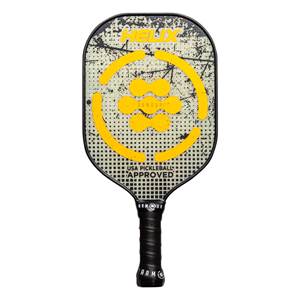 Front view of a black pickleball paddle with yellow HELIX branding, a yellow circular target, and USA PICKLEBALL APPROVED text.
