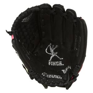 Top-down view of a black youth softball glove with pink accents, Finch logo, and Mizuno branding.