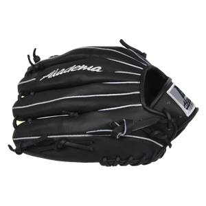 Side view of a black baseball glove with white stitching and Akadema logo.