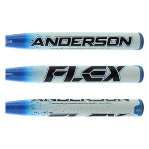 Three views of a white and blue Anderson Flex slow pitch softball bat with speckled accents and FLEX branding.