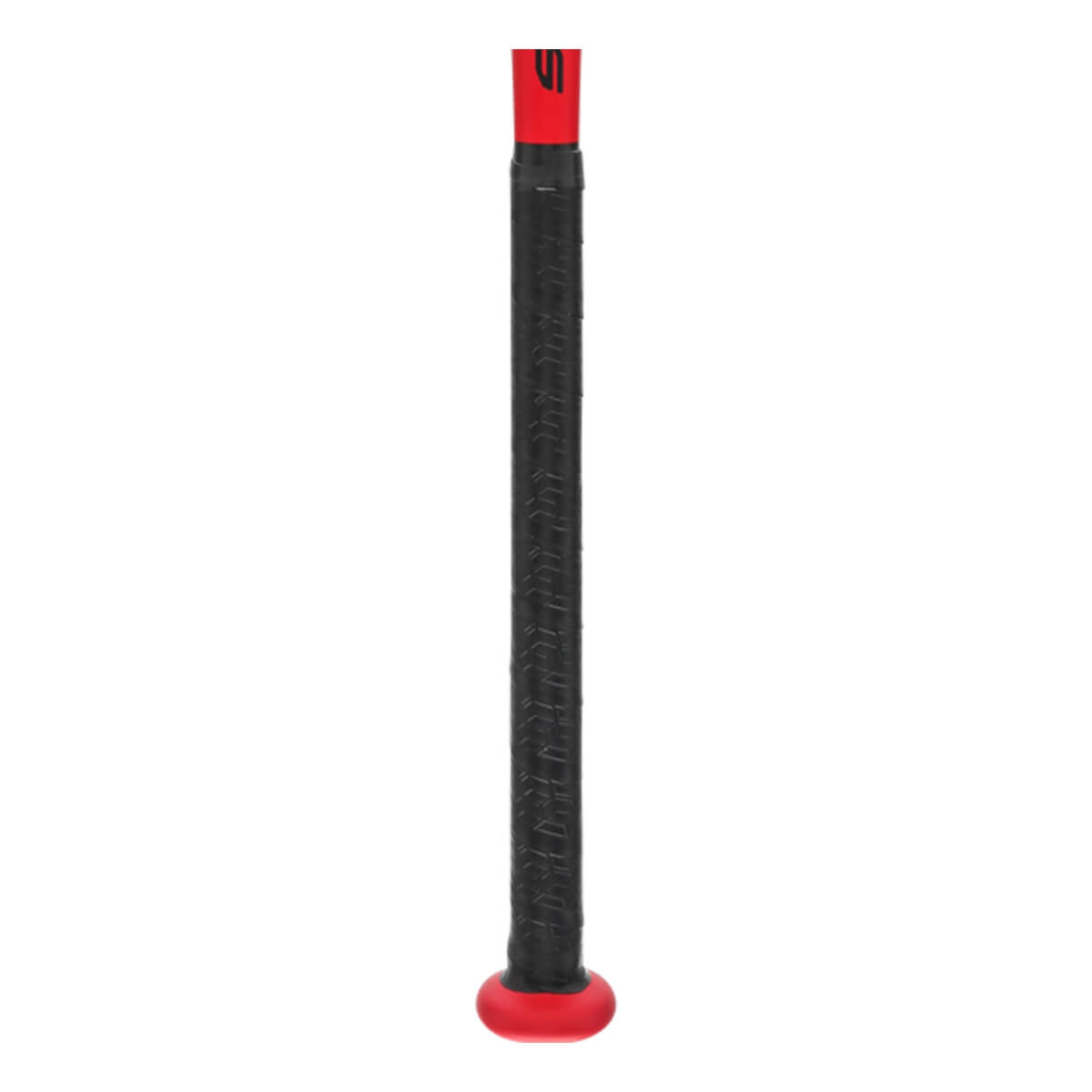 Side view of a black slow pitch softball bat with a red end cap and red branding on the handle.