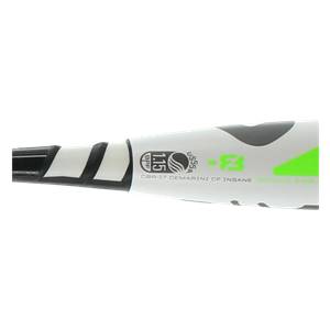 Close-up of a white baseball bat with black and gray accents, showing 1.15 BPF, USSSA, and F3 markings.