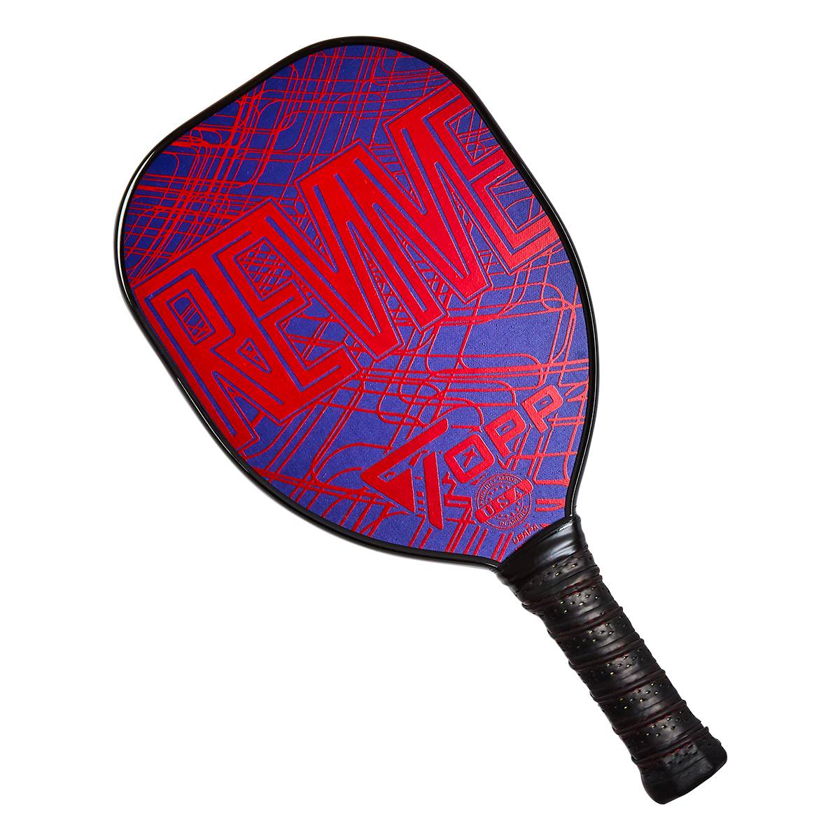 Top-down view of a blue and red pickleball paddle with REVIVE and TOPP text and a textured grip.