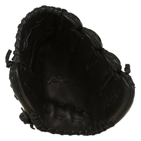 Top-down view of a black baseball glove with EASTON Professional embossed on the palm and a laced finger section.