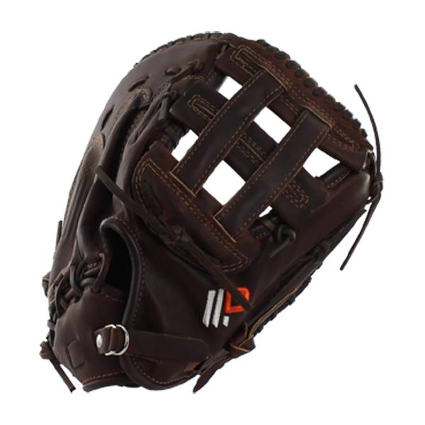 Side view of a brown baseball glove with a lattice web and adjustable strap.