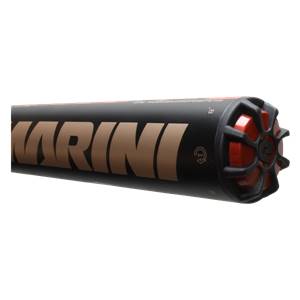 Side view of a black softball bat with gold MARINI lettering and a red end cap.