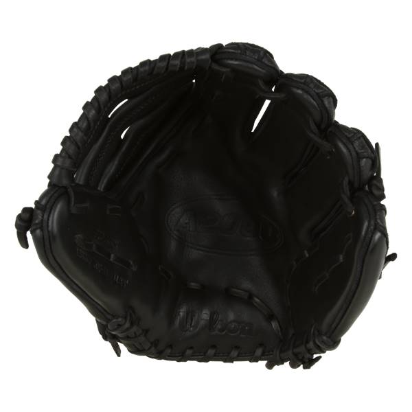Top-down view of a black baseball glove with Wilson and A2000 branding.