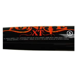Close-up of a black baseball bat with orange IGNITE XT5 branding and league approval text.