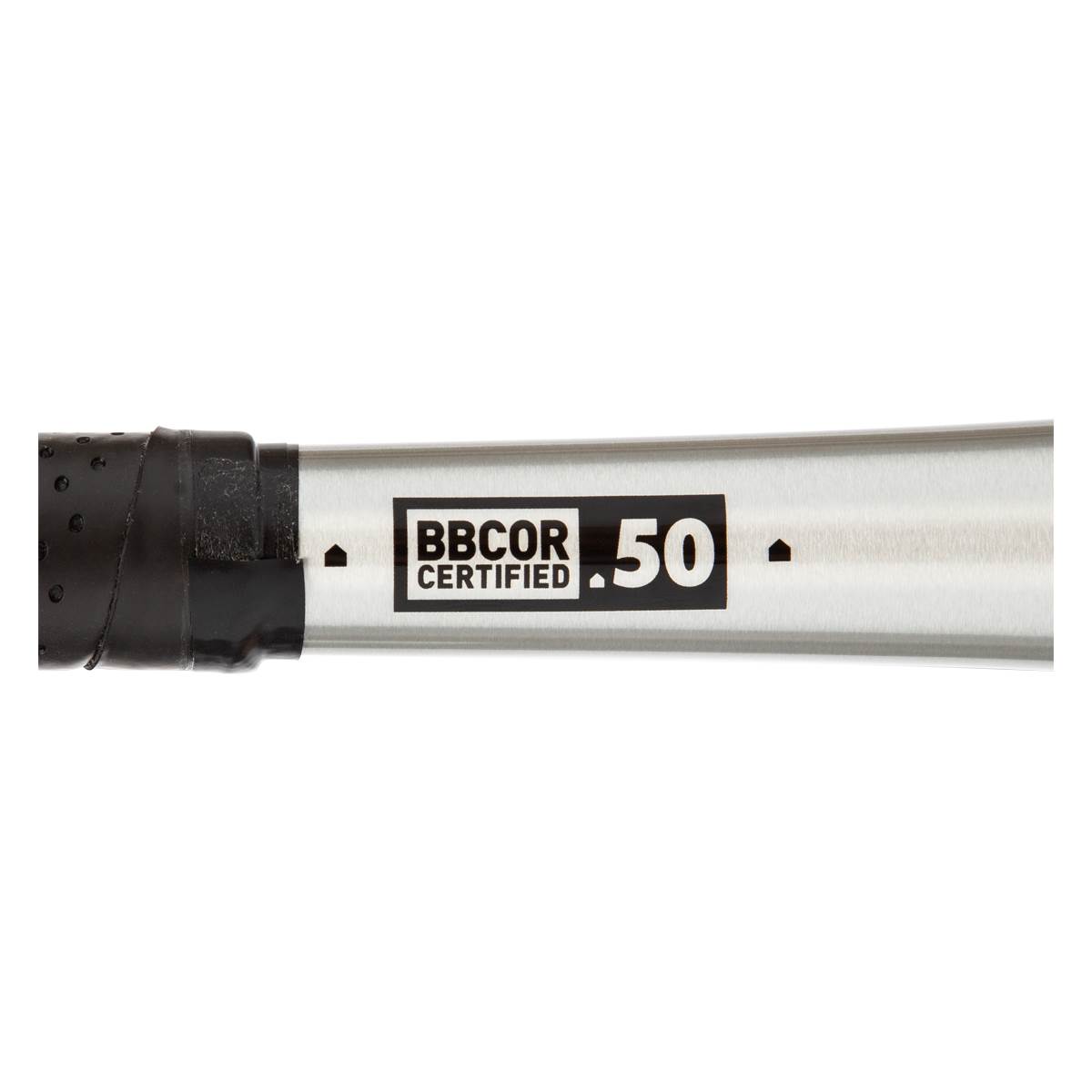 Side view of a silver baseball bat with a black grip and a BBCOR CERTIFIED .50 label.