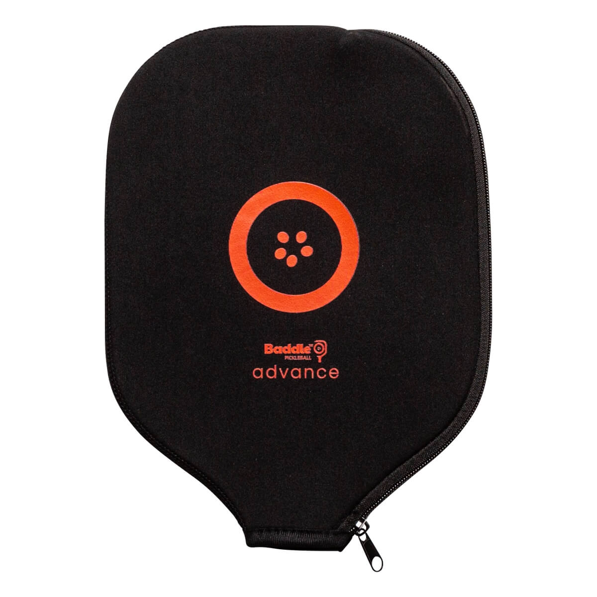 Front view of a black pickleball paddle cover with orange Baddle Pickleball Advance logo and circular design.