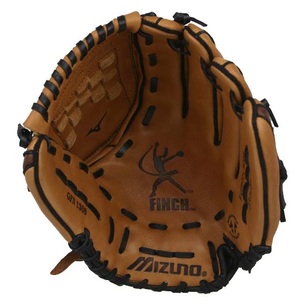 Top-down view of a brown Mizuno Finch fastpitch mitt with black lacing and GFN 1308 text.