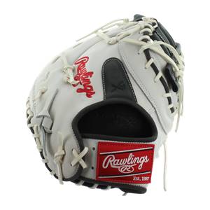 Front view of a white Rawlings first base mitt with red embroidered logo and black accents.