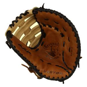 Top-down view of a brown Easton Natural Elite Series first base mitt with black lacing and a bull logo.