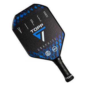 Top-down view of a black pickleball paddle with blue geometric accents, VIPER TOPP GRAPHITE text, and USA Pickleball approval logos.
