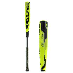Side view of a yellow baseball bat with RAWLINGS and QUATRO text.