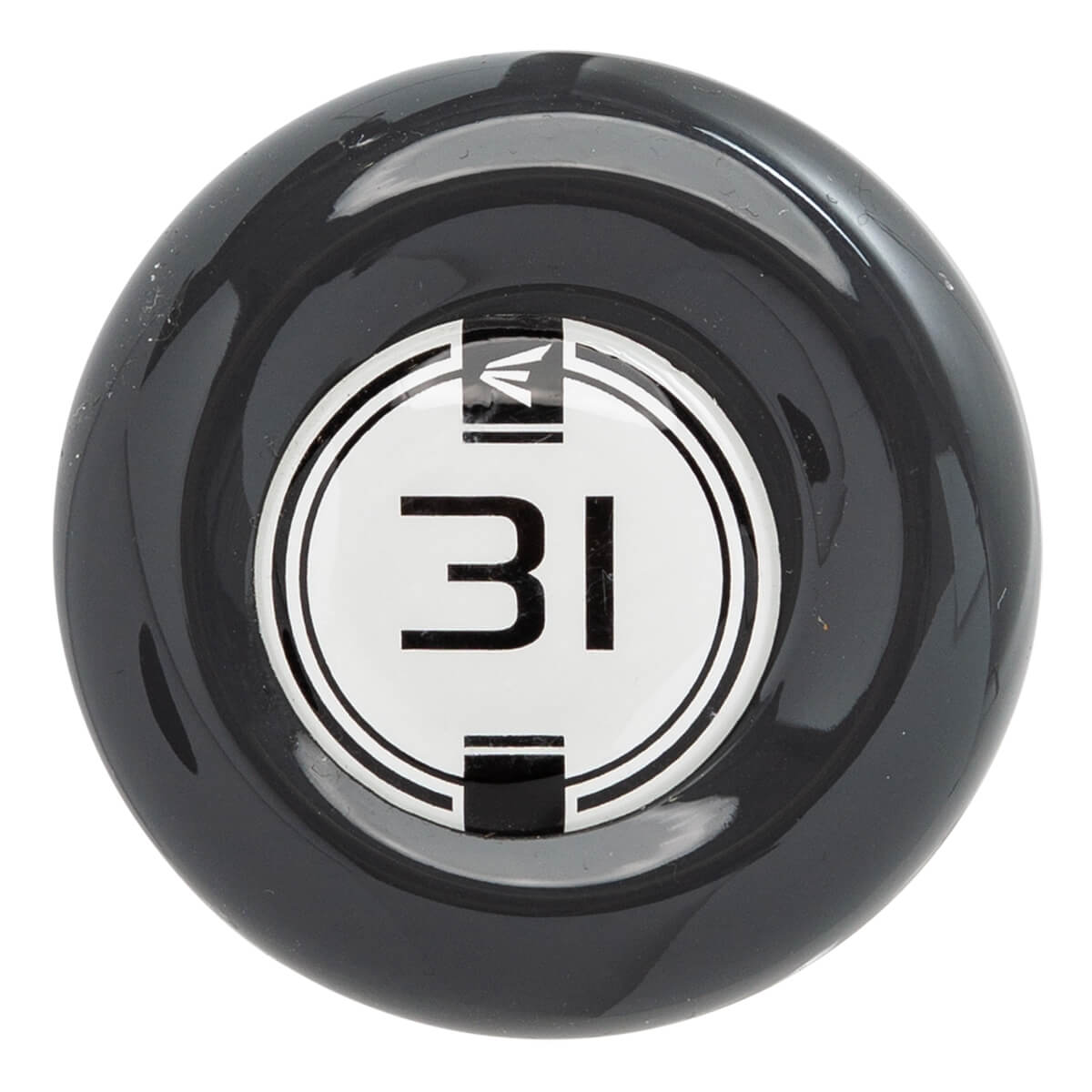 Top-down view of a black bat end cap with a white circular design featuring a black 31 and Easton logo.