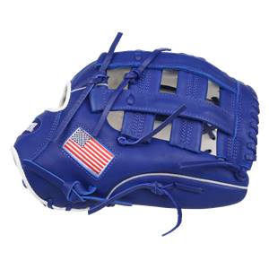 Side view of a royal blue baseball glove with an American flag patch and white trim.