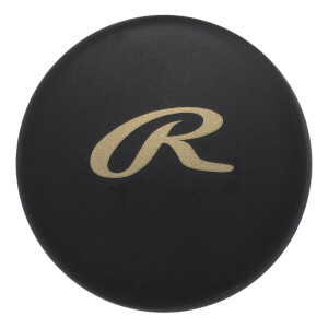Top-down view of a black baseball bat end cap with a gold Rawlings R logo.