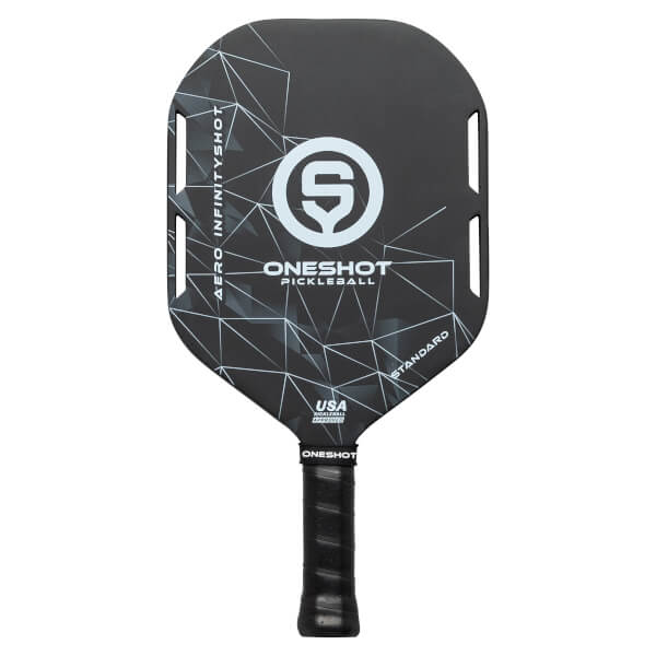 Front view of a black pickleball paddle with white geometric pattern, S logo, and text.