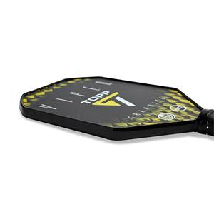 Side view of a black pickleball paddle with yellow geometric accents, a white TOPP logo, and GRAPHITE text.