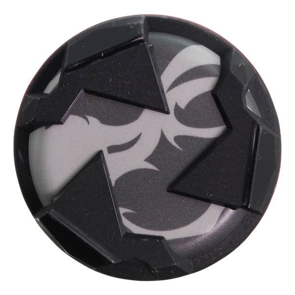 Top-down view of a black softball bat end cap with a grey tribal design and geometric accents.