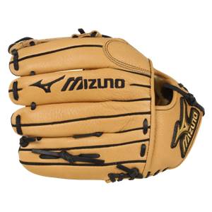 Top-down view of a tan baseball glove with black Mizuno branding and lacing.