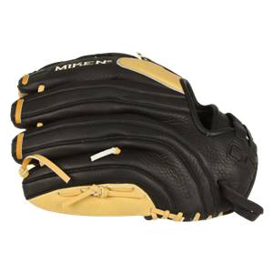 Side view of a black and tan fastpitch glove with Miken branding and tan lacing.