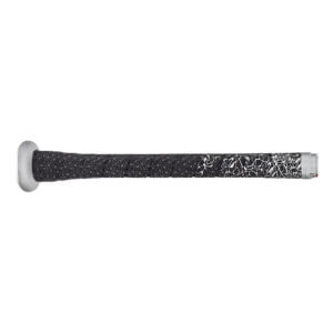 Side view of a black baseball bat with a patterned grip and silver end cap.