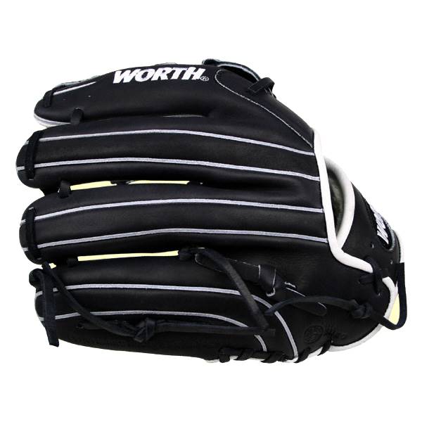 Top-down view of a black baseball glove with white stitching and WORTH logo.