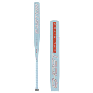Full side view and close-up of a light blue Easton Ghost Unlimited softball bat featuring orange "EASTON" and "GHOST UNLIMITED" text.