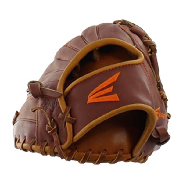 Close-up of a brown baseball glove with orange Easton logo and tan lacing.